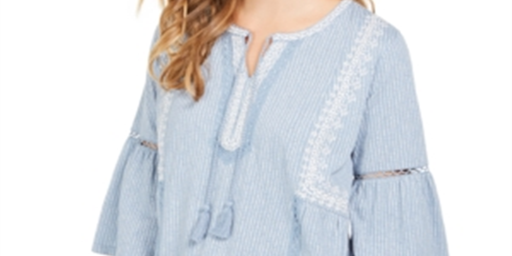 Style & Co Women's Printed Peasant Top Blue Size X-Small