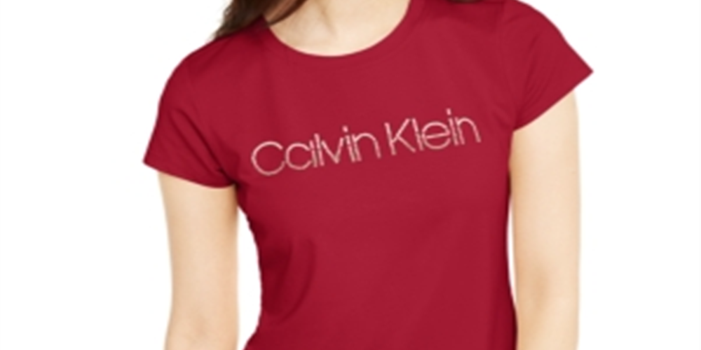 Calvin Klein Women's Beaded Printed Short Sleeve Jewel Neck T-Shirt Top Red Size X-Large