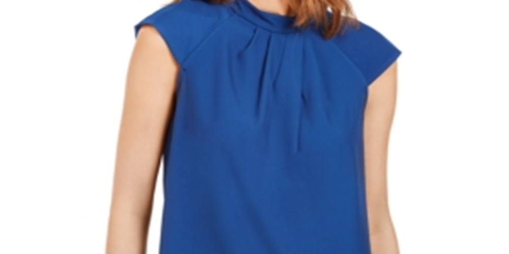 Calvin Klein Women's Cap Sleeve Pleated Mock Neck Blouse Navy Size Small
