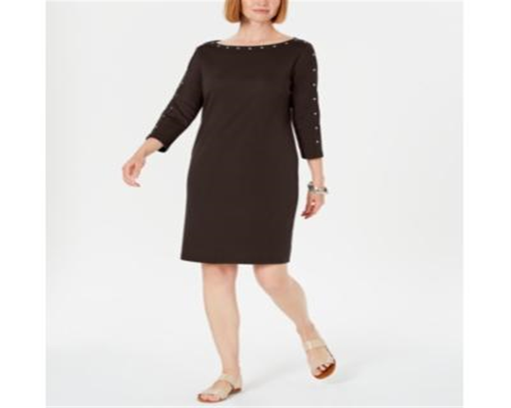 Karen Scott Women's Boat Neck Studded Dress Brown Size Petite Medium