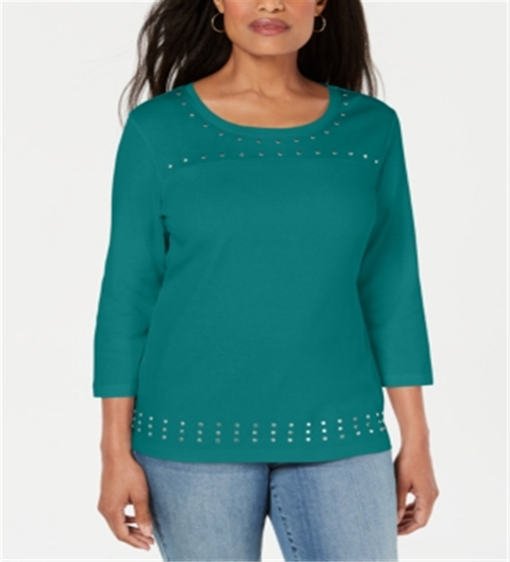 Karen Scott Women's Scoop Neck Studded Top Teal Size X-Small