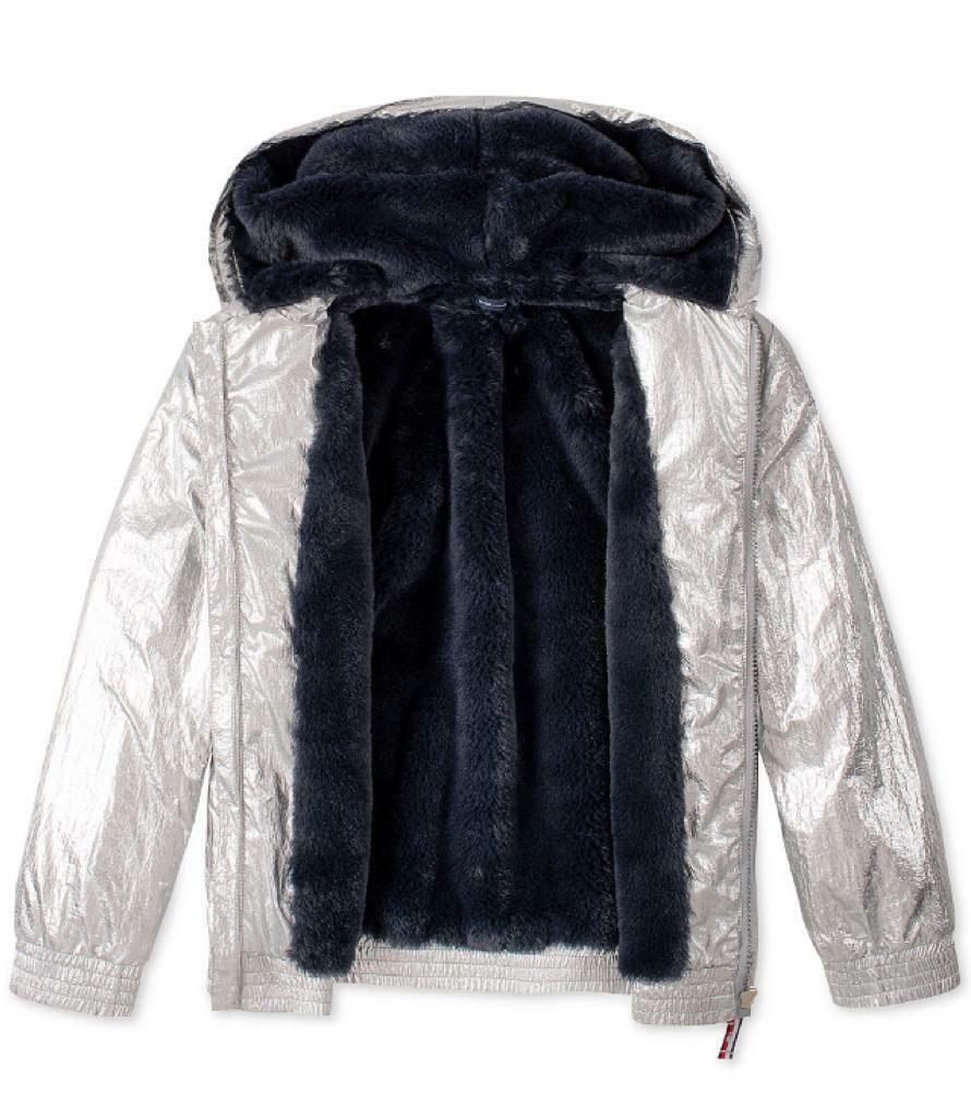 Tommy Hilfiger Big Girl's Hooded Metallic with Faux Fur Trim Jacket Silver Size 12-14