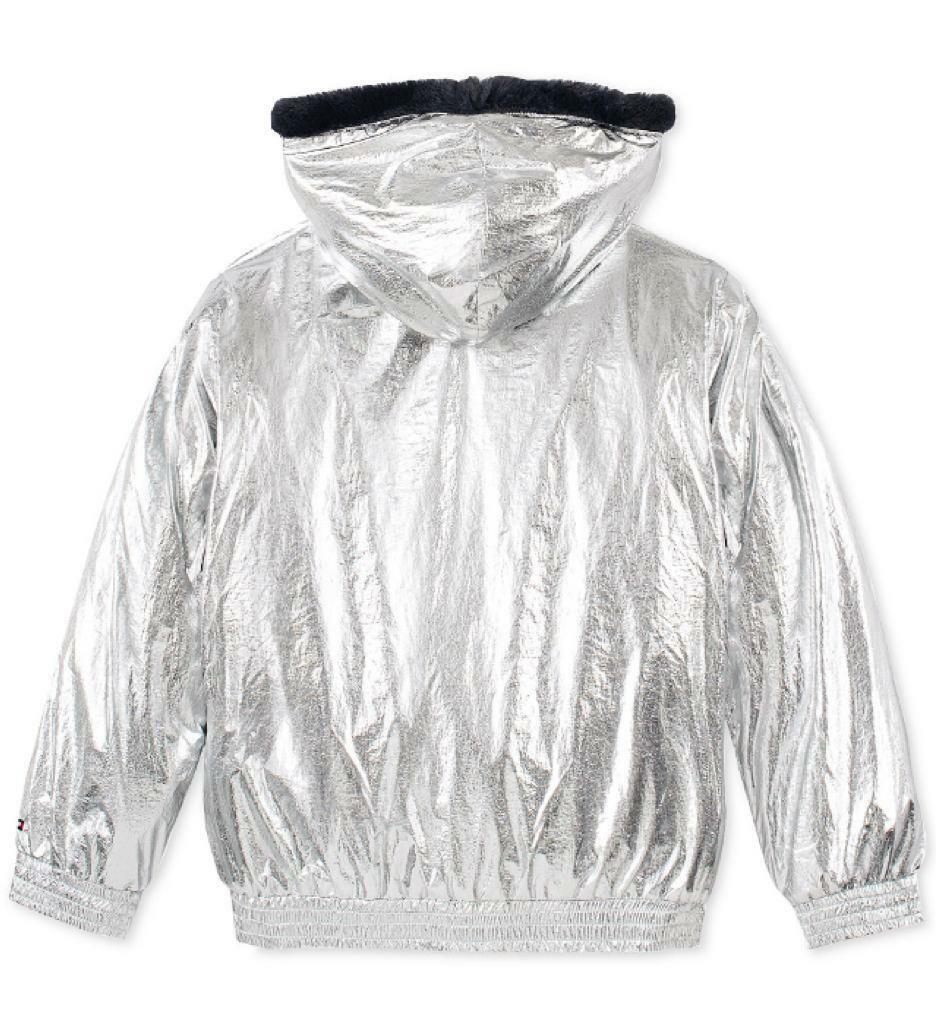 Tommy Hilfiger Big Girl's Hooded Metallic with Faux Fur Trim Jacket Silver Size 12-14