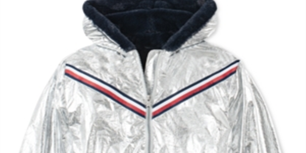 Tommy Hilfiger Big Girl's Hooded Metallic with Faux Fur Trim Jacket Silver Size 12-14