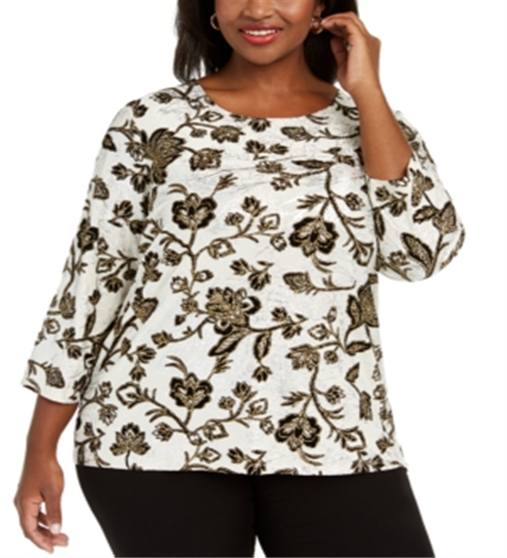 JM Collection Women's Plus Metallic Floral Print Top Eggshell-Black Size 2X