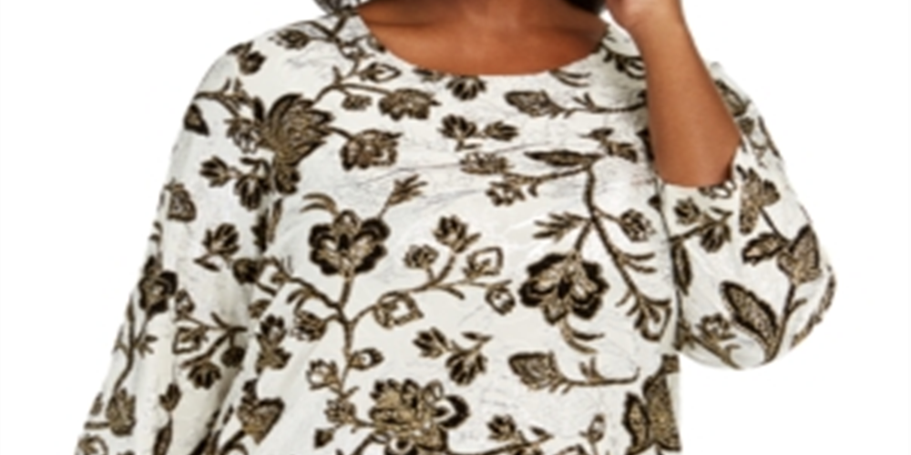 JM Collection Women's Plus Metallic Floral Print Top Eggshell-Black Size 2X