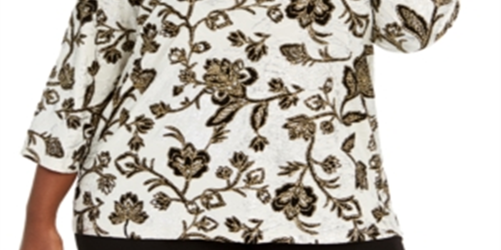 JM Collection Women's Plus Metallic Floral Print Top Eggshell-Black Size 2X