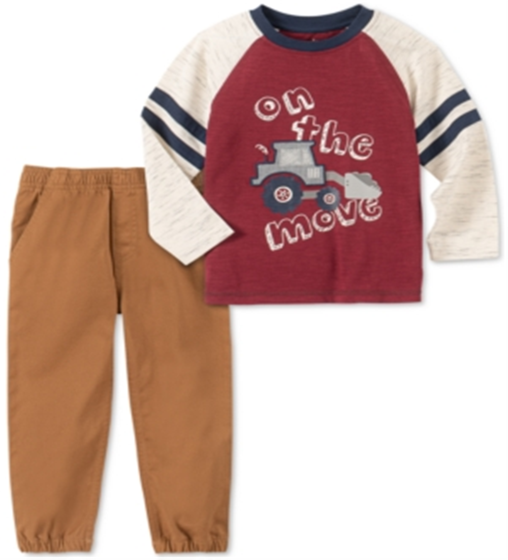 Kids Headquarters Little Boy's 2 Pc on the Move Colorblocked Bulldozer Applique T-Shirt & Twill Jogger Pants Set Maroon-Gray Size 5