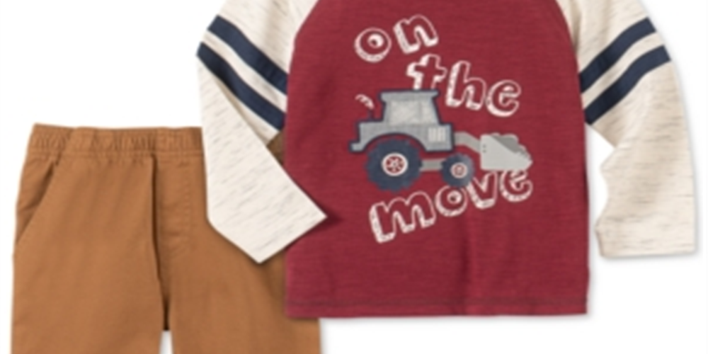 Kids Headquarters Little Boy's 2 Pc on the Move Colorblocked Bulldozer Applique T-Shirt & Twill Jogger Pants Set Maroon-Gray Size 5