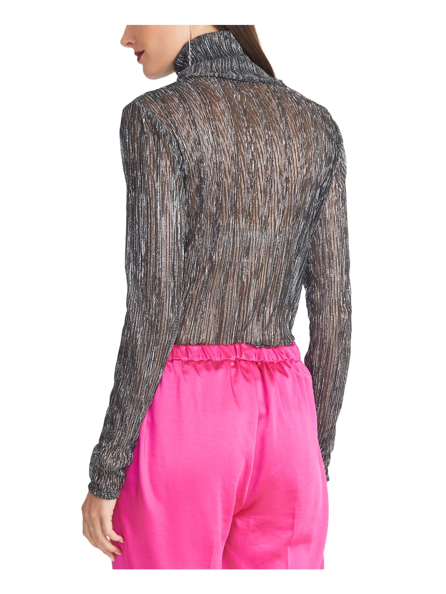 Rachel Roy Women's Metallic Pleated Turtleneck Top Silver Size Small