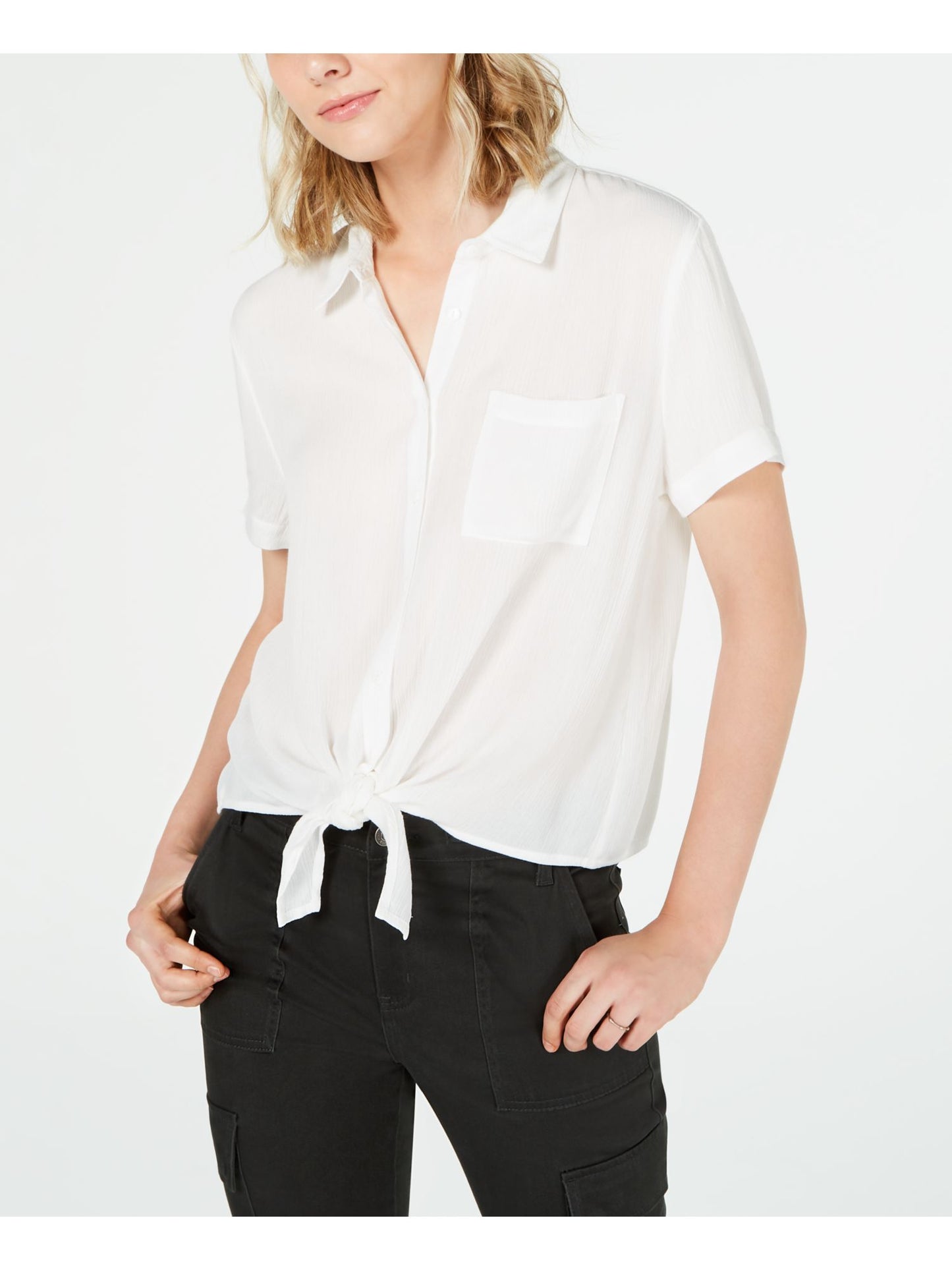 Hippie Rose Women's Short Sleeve Collared Button Up Top White Size Large