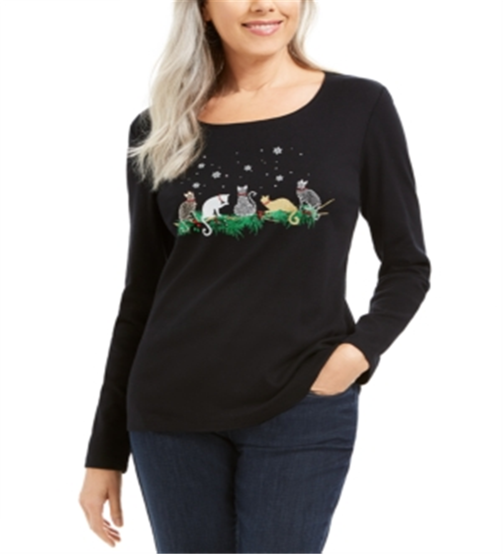 Karen Scott Women's Merry Cats Cotton Top Black Size Small