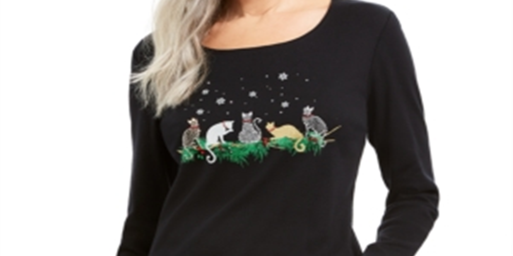 Karen Scott Women's Merry Cats Cotton Top Black Size Small
