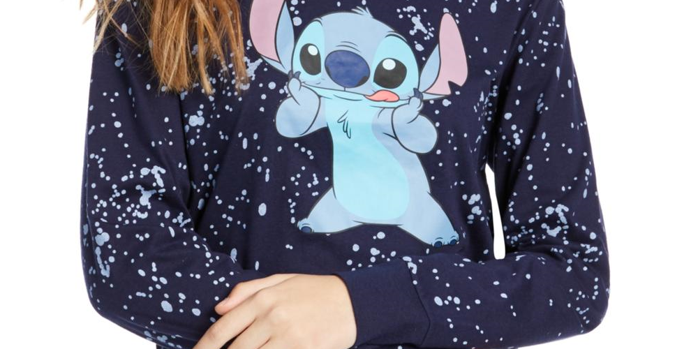 Disney Junior's Stitch Splatter Crewneck Long Sleeve Graphic T-Shirt Blue Size Large