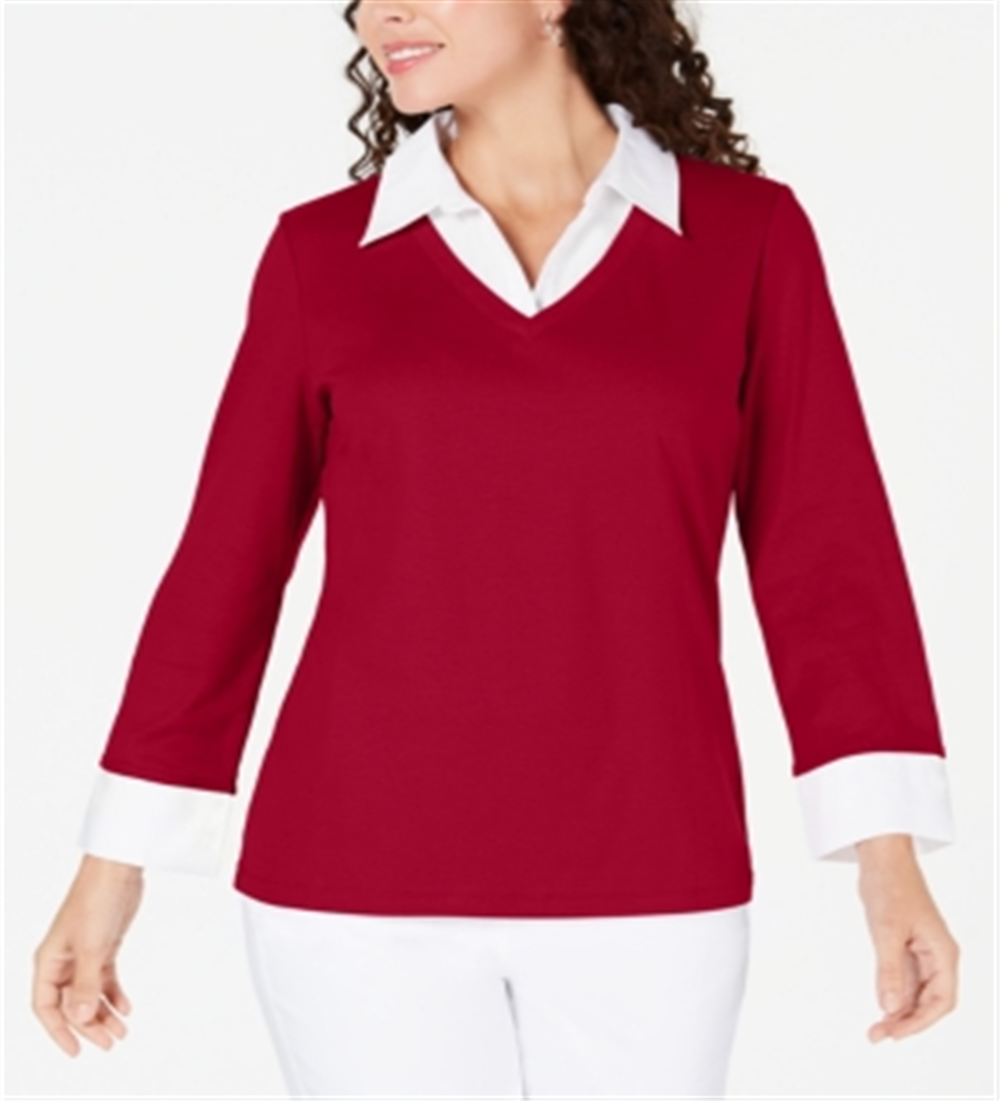 Karen Scott Women's Cotton Layered Look Top Red Size Small