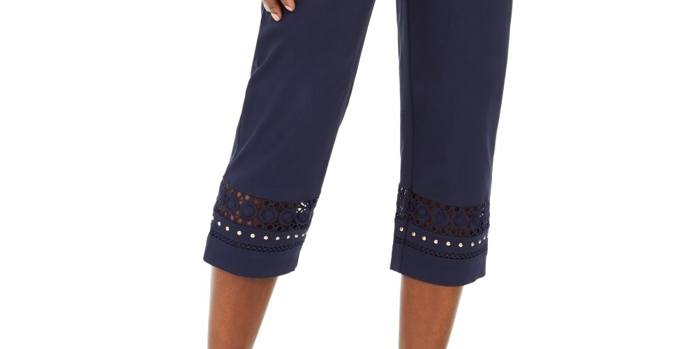 JM Collection Women's CrochetTrim Studded Capris Blue Size Small