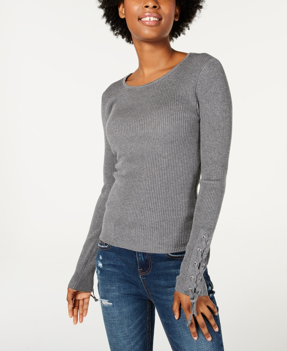 Hooked Up by IOT Juniors' Lace-Up Rib-Knit Sweater Dark Gray Size Medium