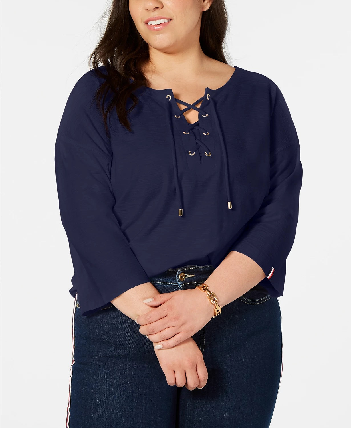 Tommy Hilfiger Women's Lace Up 3/4 Sleeve Jewel Neck Top Blue Size 2X