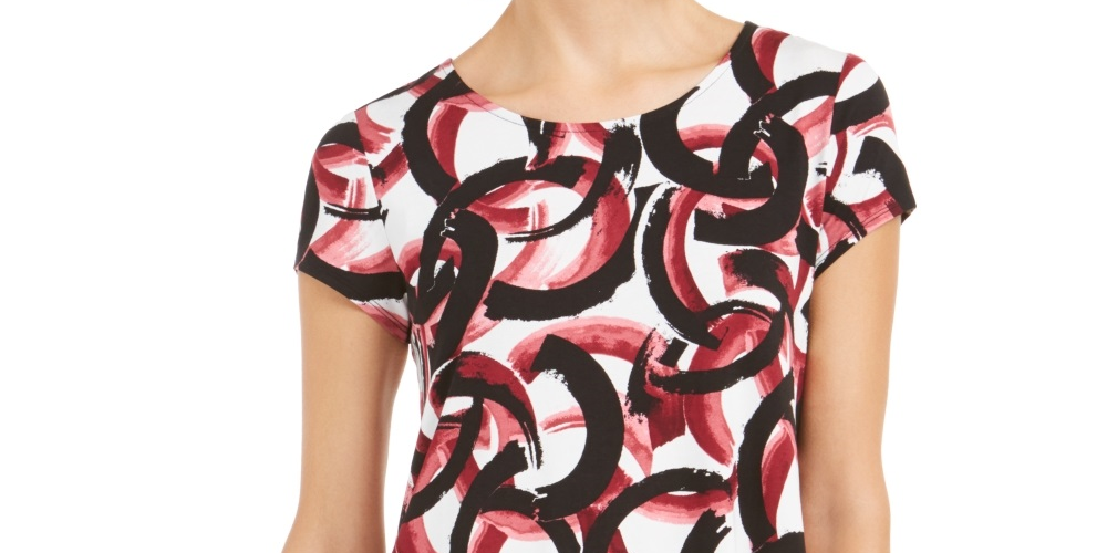 Alfani Women's Printed Round Hem T-Shirt Red Size Petite Small