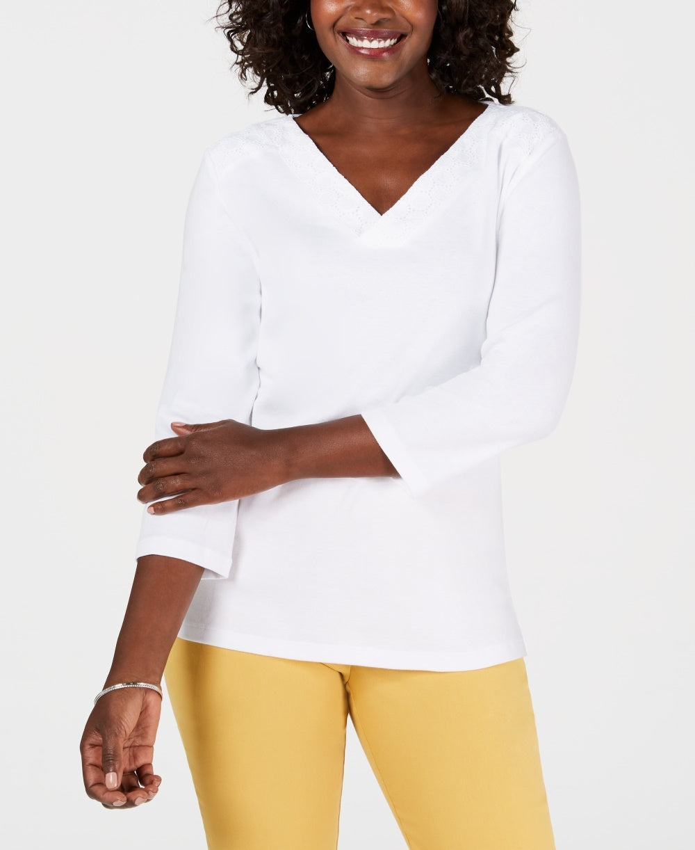 Karen Scott Women's Eyelet Trim Top White Size Medium