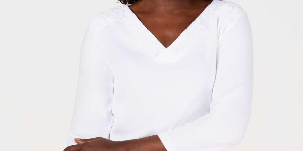 Karen Scott Women's Eyelet Trim Top White Size Medium