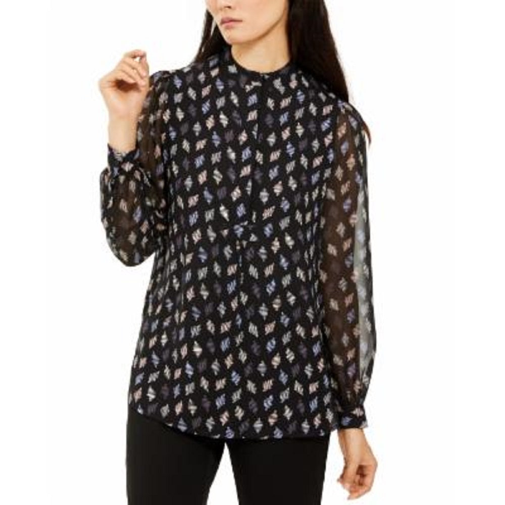 Anne Klein Women's Blouse Printed Mandarin Collar Black Size -M