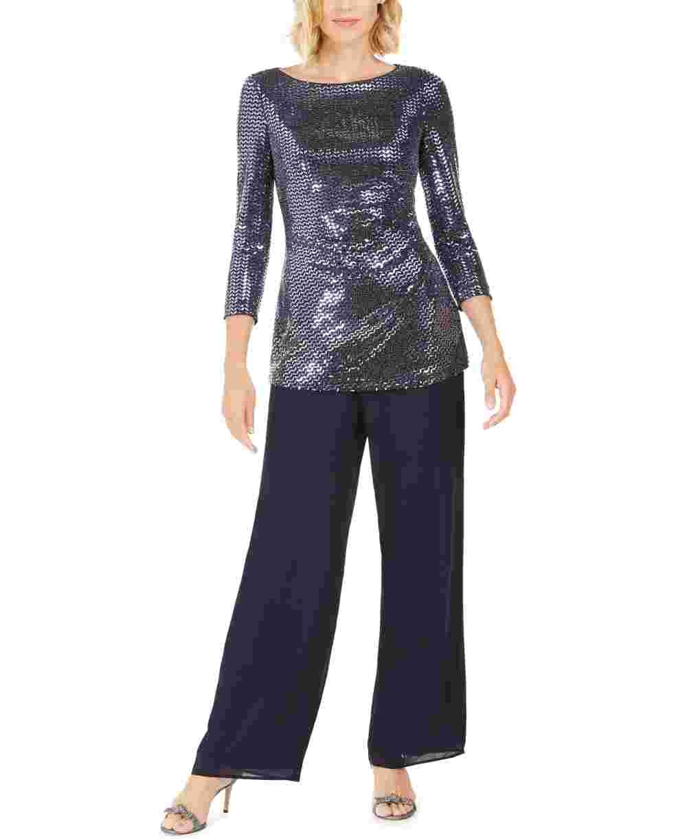 Jessica Howard Women's Sequined 3/4 Sleeve Jewel Neck Party Top Blue Size 14