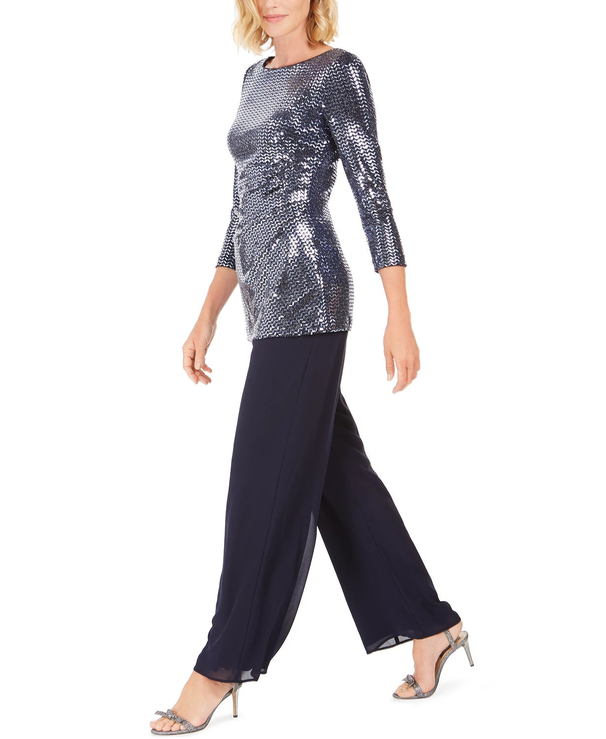 Jessica Howard Women's Sequin Top & Straight-Leg Pants Navy Size 12