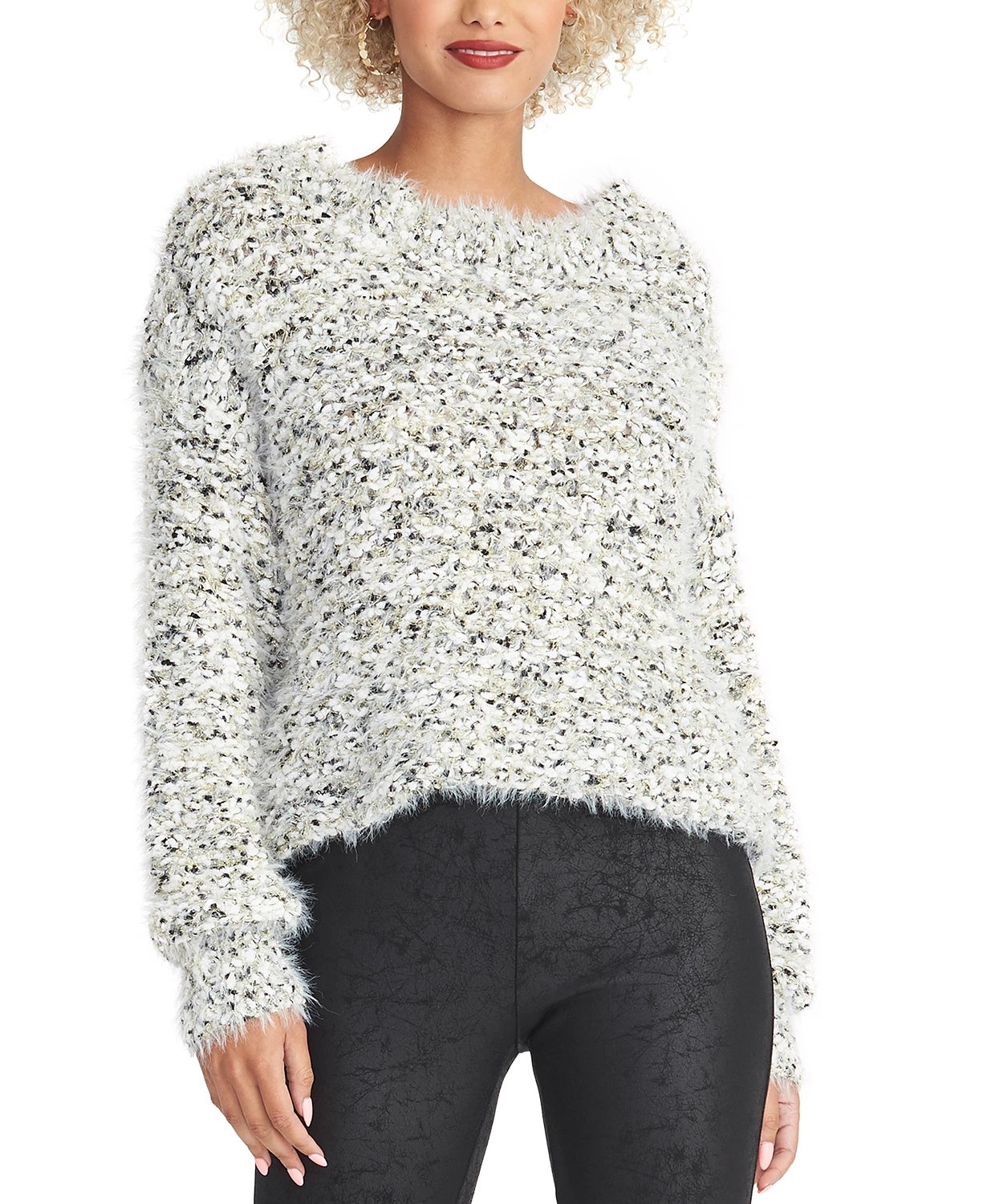 Rachel Roy Women's Glitter Fuzzy Long Sleeve Jewel Neck Sweater White Size X-Small