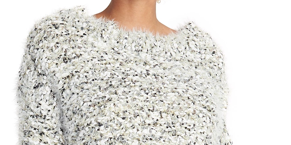 Rachel Roy Women's Glitter Fuzzy Long Sleeve Jewel Neck Sweater White Size X-Small