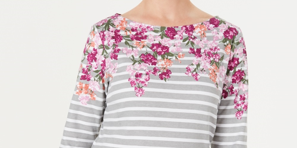 Karen Scott Women's Three Quarter Sleeve Printed Top White Size Small