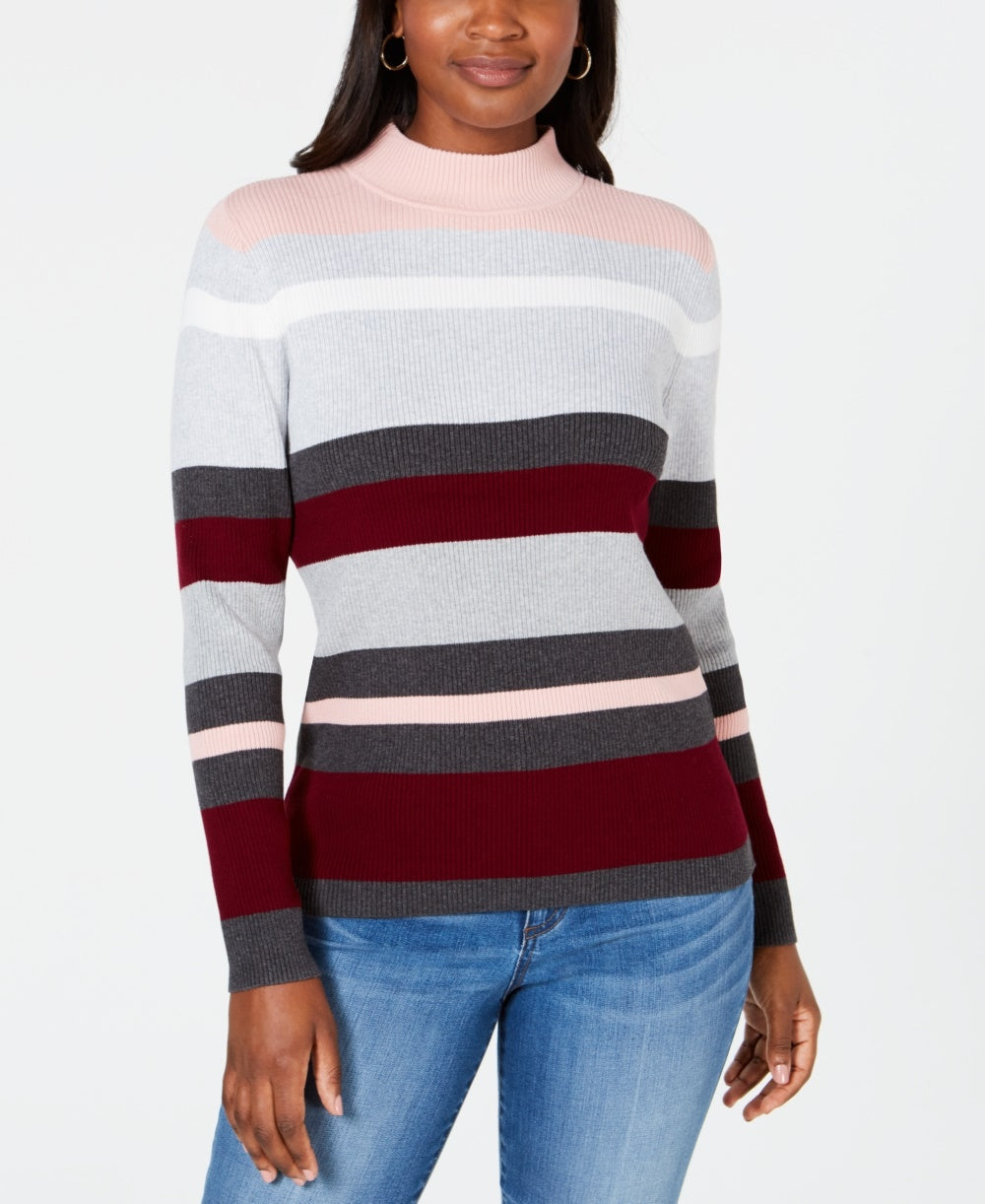 Karen Scott Women's Cotton Striped Ribbed Sweater -Pink Size -PS