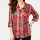 Style & Co Women's Sequined Windowpane Plaid Long Sleeve Collared Button Up Top Red Size Petite Medium