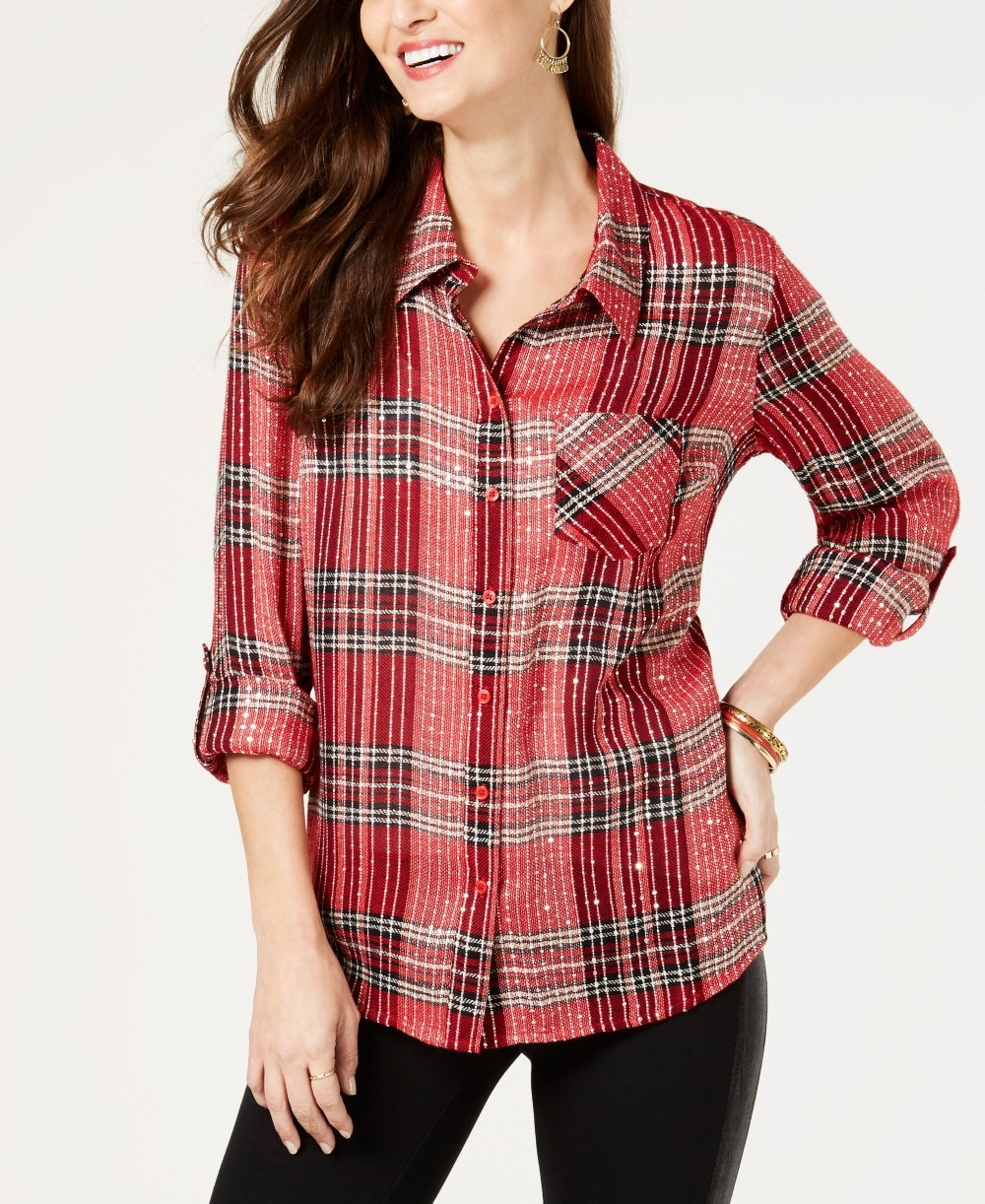 Style & Co Women's Sequined Windowpane Plaid Long Sleeve Collared Button Up Top Red Size Petite Medium