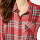 Style & Co Women's Sequined Windowpane Plaid Long Sleeve Collared Button Up Top Red Size Petite Medium