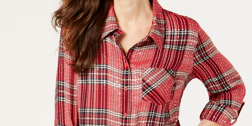 Style & Co Women's Sequined Windowpane Plaid Long Sleeve Collared Button Up Top Red Size Petite Medium