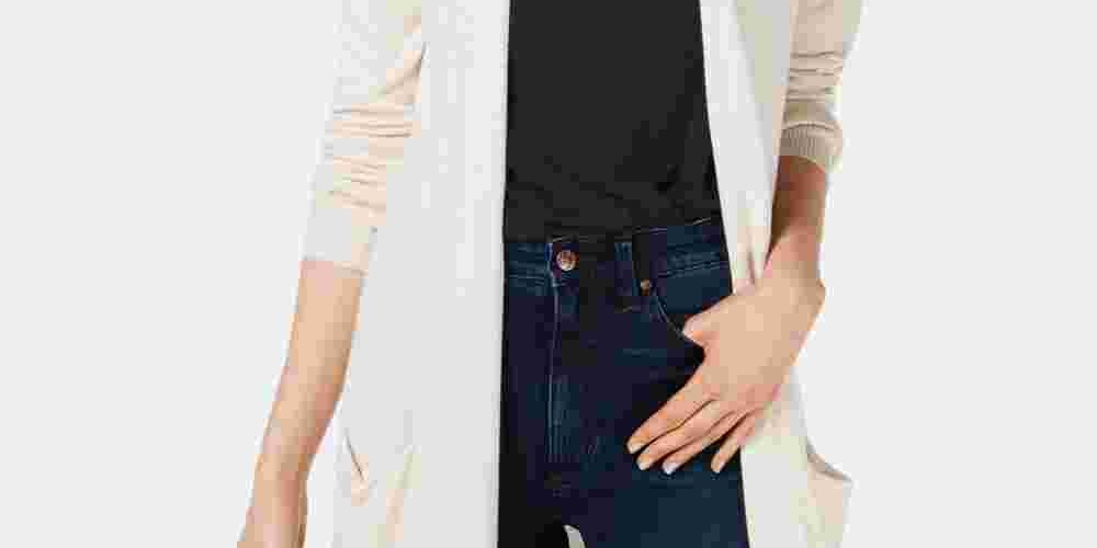 Maison Jules Women's Long Open-Front Jersey Cardigan Sweater Dark Beige Size Medium