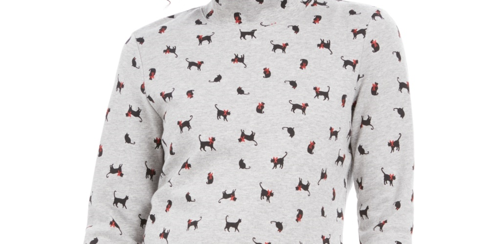 Karen Scott Women's Cats & Bows Printed Mock Neck Top Gray Size PL