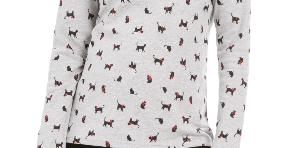 Karen Scott Women's Cats & Bows Printed Mock Neck Top Gray Size PL