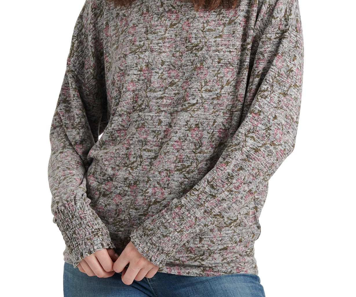 Lucky Brand Women's Floral Smocked-Cuff Top Pink Size X-Large