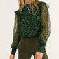 Free People Women's Printed Long Sleeve Mandarin Collar Peplum Top Green Size Extra Large