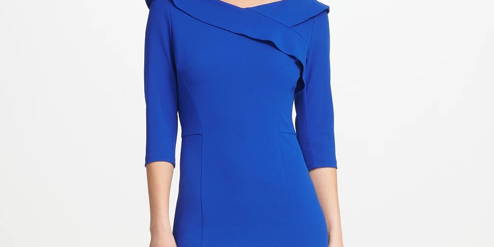 DKNY Women's Ruffle V Neck Sheath Dress Blue Size 8
