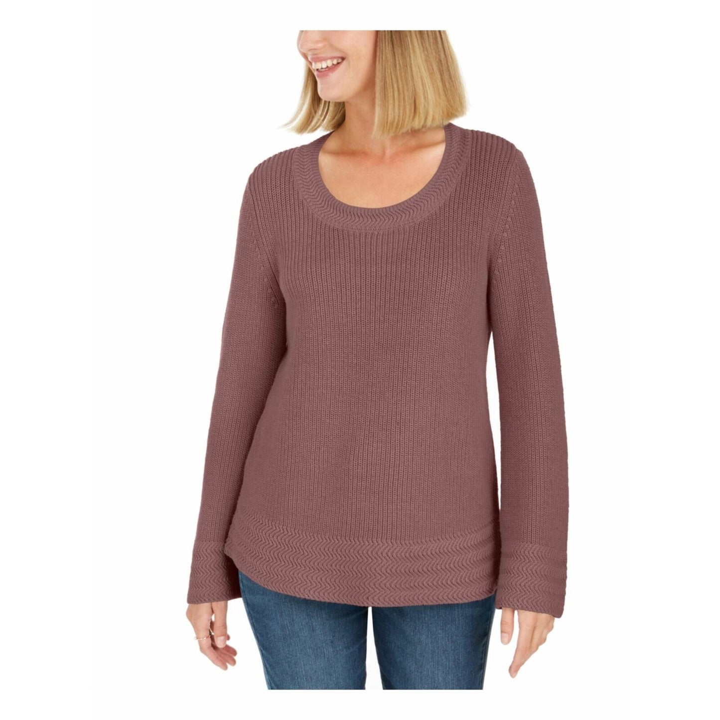 Style & Co Women's Textured  Knitted Printed Long Sleeve Scoop Neck Sweater Purple Size Petite Medium