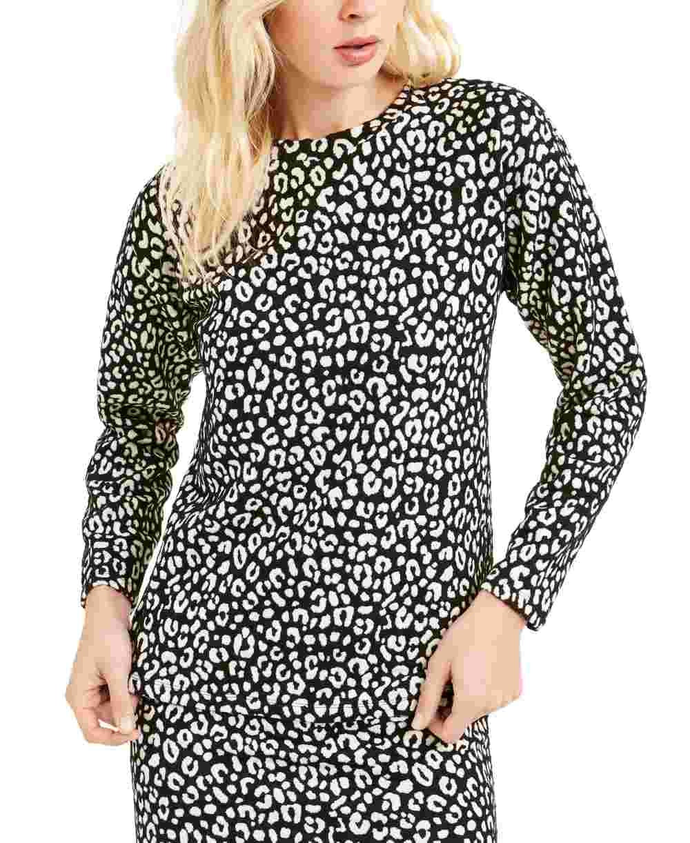 Michael Kors Women's Leopard Print Long Sleeve Crew Neck Evening Top  Black/White Size Petite Small