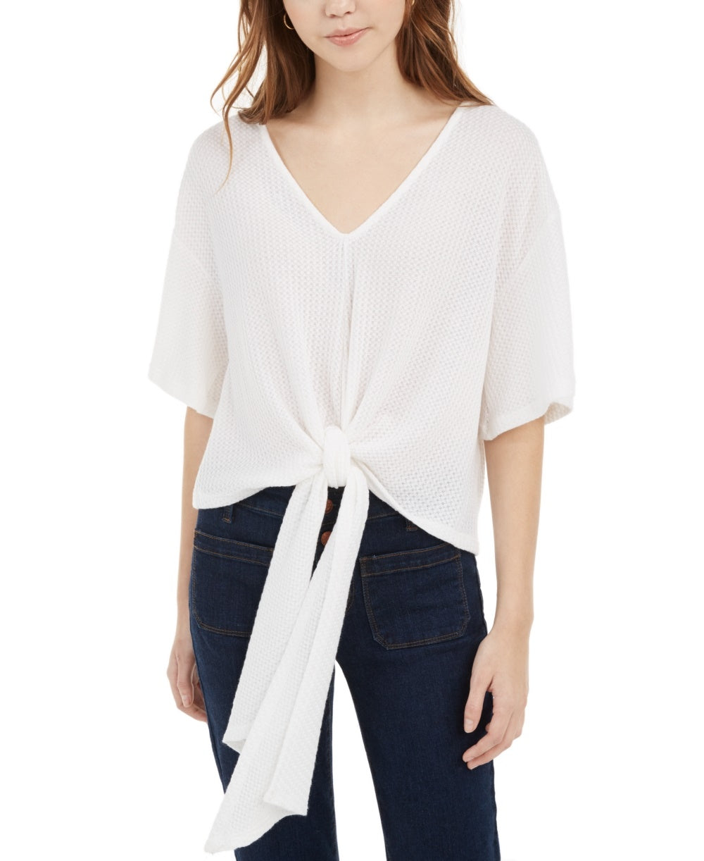 Polly & Esther Junior's Tie Front Waffle Knit Top White Size Large