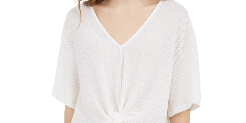Polly & Esther Junior's Tie Front Waffle Knit Top White Size Large