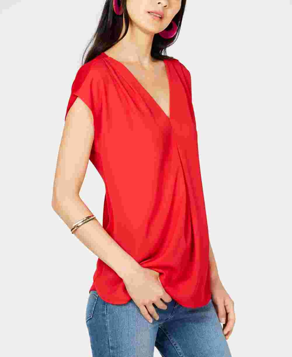 INC International Concepts Women's Inverted-Pleat V-Neck Top Red Size Small