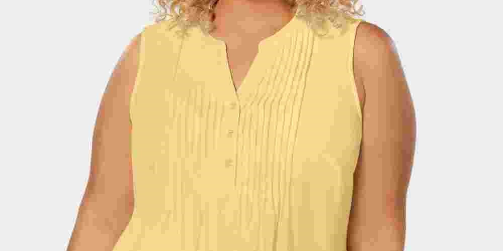 Charter Club Women's Pleated Pintuck Top Yellow Size 1X