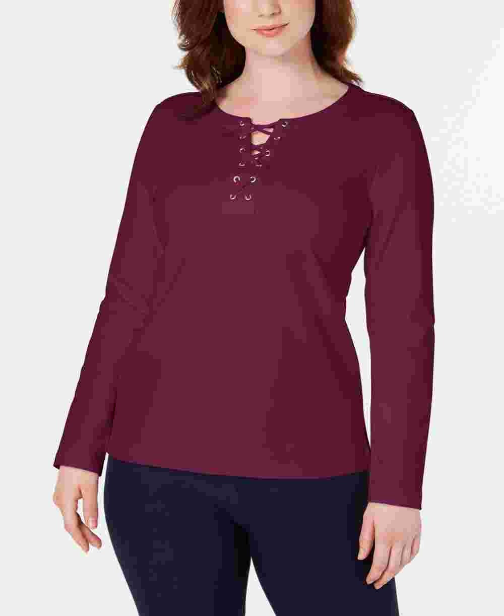 Karen Scott Women's Tie Long Sleeve Henley Top Red Size X-Small