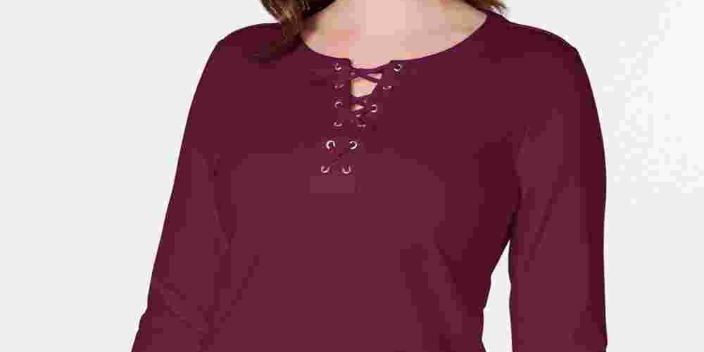 Karen Scott Women's Tie Long Sleeve Henley Top Red Size X-Small